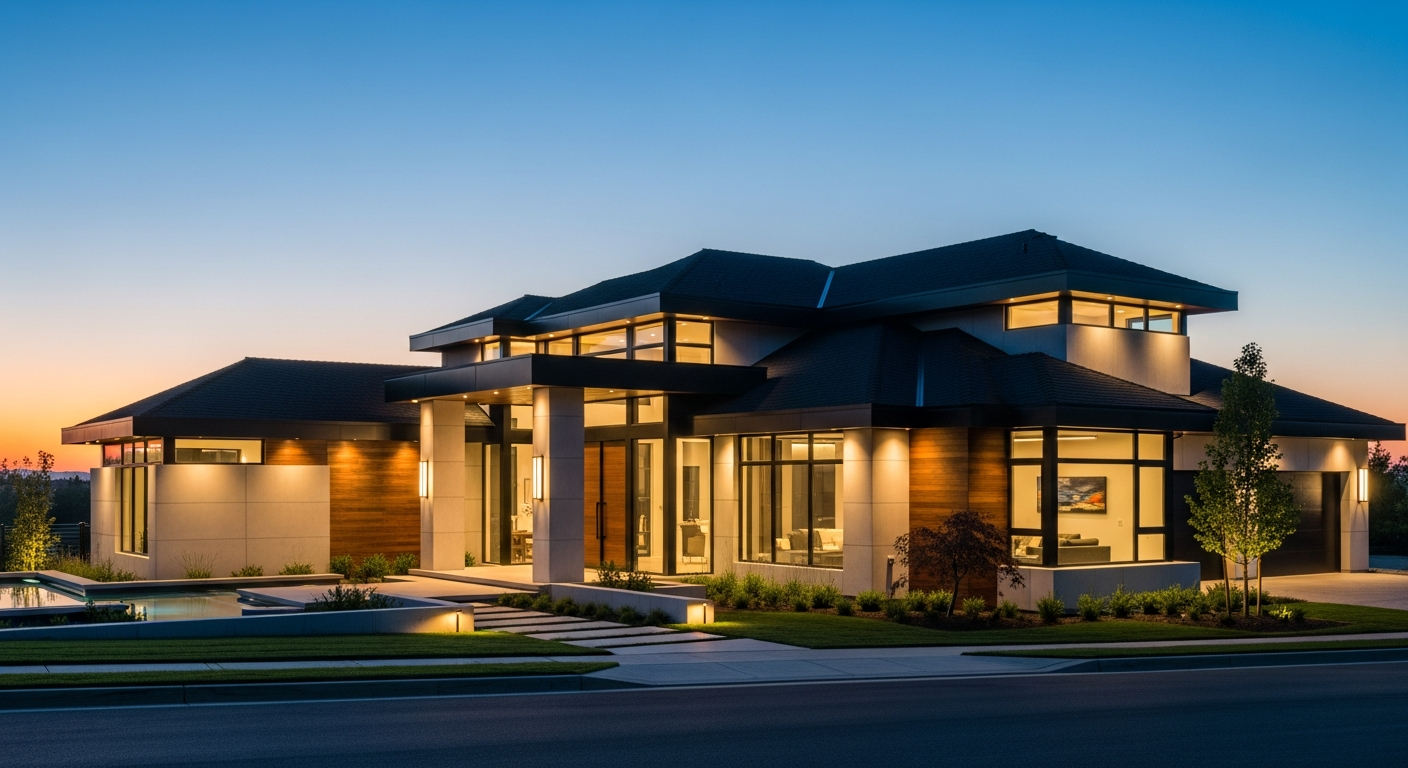Luxury home with premium architectural roofing at twilight in North Georgia